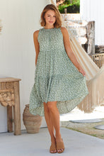 Load image into Gallery viewer, Rebecca High Neck Tiered Green Floral Dress