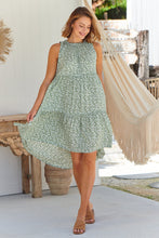 Load image into Gallery viewer, Rebecca High Neck Tiered Green Floral Dress