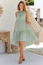 Load image into Gallery viewer, Rebecca High Neck Tiered Green Floral Dress