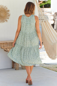 Rebecca High Neck Tiered Green Floral Dress