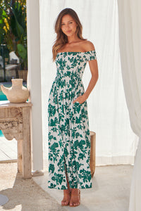 Gigi Off Shoulder Green/White Floral Print Shirred Maxi Dress