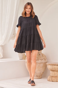 Nia Tiered Black Linen Smock Dress