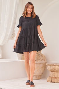 Nia Tiered Black Linen Smock Dress