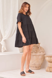 Nia Tiered Black Linen Smock Dress
