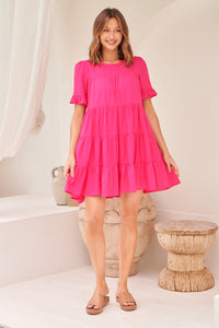 Nia Tiered Hot Pink Linen Smock Dress