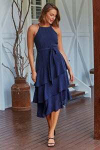 Kitty Chiffon Navy Tiered Ruffle Evening Dress