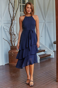Kitty Chiffon Navy Tiered Ruffle Evening Dress