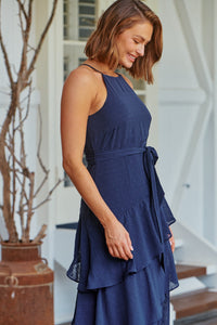 Kitty Chiffon Navy Tiered Ruffle Evening Dress
