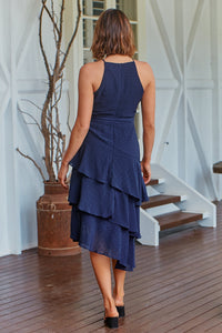 Kitty Chiffon Navy Tiered Ruffle Evening Dress