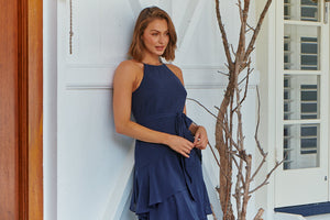 Kitty Chiffon Navy Tiered Ruffle Evening Dress