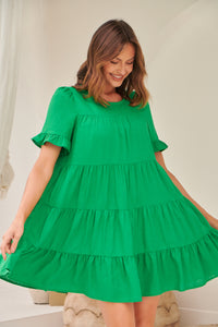 Nia Tiered Shamrock Green Linen Smock Dress