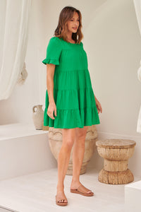 Nia Tiered Shamrock Green Linen Smock Dress
