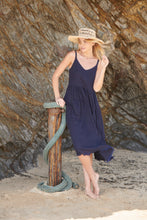 Load image into Gallery viewer, Orchid Linen Torn Trim Pocket Navy Midi Dress
