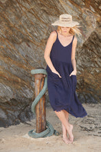 Load image into Gallery viewer, Orchid Linen Torn Trim Pocket Navy Midi Dress
