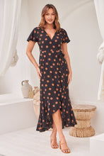 Load image into Gallery viewer, Marigold Polka Dot Black/Brown Wrap Maxi Dress