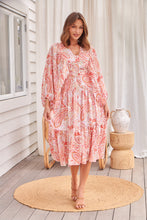 Load image into Gallery viewer, Liliana Peach Floral Print Long Sleeve Tie Up Dress