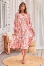 Load image into Gallery viewer, Liliana Peach Floral Print Long Sleeve Tie Up Dress