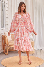 Load image into Gallery viewer, Liliana Peach Floral Print Long Sleeve Tie Up Dress