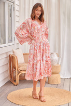 Load image into Gallery viewer, Liliana Peach Floral Print Long Sleeve Tie Up Dress