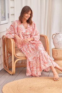 Liliana Peach Floral Print Long Sleeve Tie Up Dress