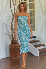 Load image into Gallery viewer, Ceres Shirred Aqua Floral Midi Dress