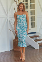 Load image into Gallery viewer, Ceres Shirred Aqua Floral Midi Dress