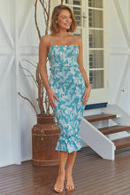 Load image into Gallery viewer, Ceres Shirred Aqua Floral Midi Dress