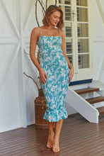 Load image into Gallery viewer, Ceres Shirred Aqua Floral Midi Dress