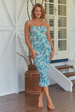 Load image into Gallery viewer, Ceres Shirred Aqua Floral Midi Dress