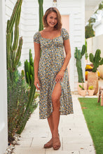 Load image into Gallery viewer, Sarah Blue Yellow Multi Cap Sleeve Dress