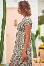 Load image into Gallery viewer, Sarah Blue Yellow Multi Cap Sleeve Dress