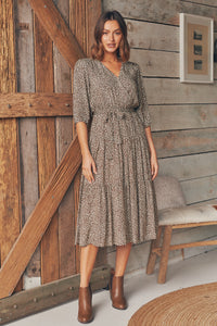 Luciana 1/2 Sleeve Coffee Print Tiered Dress