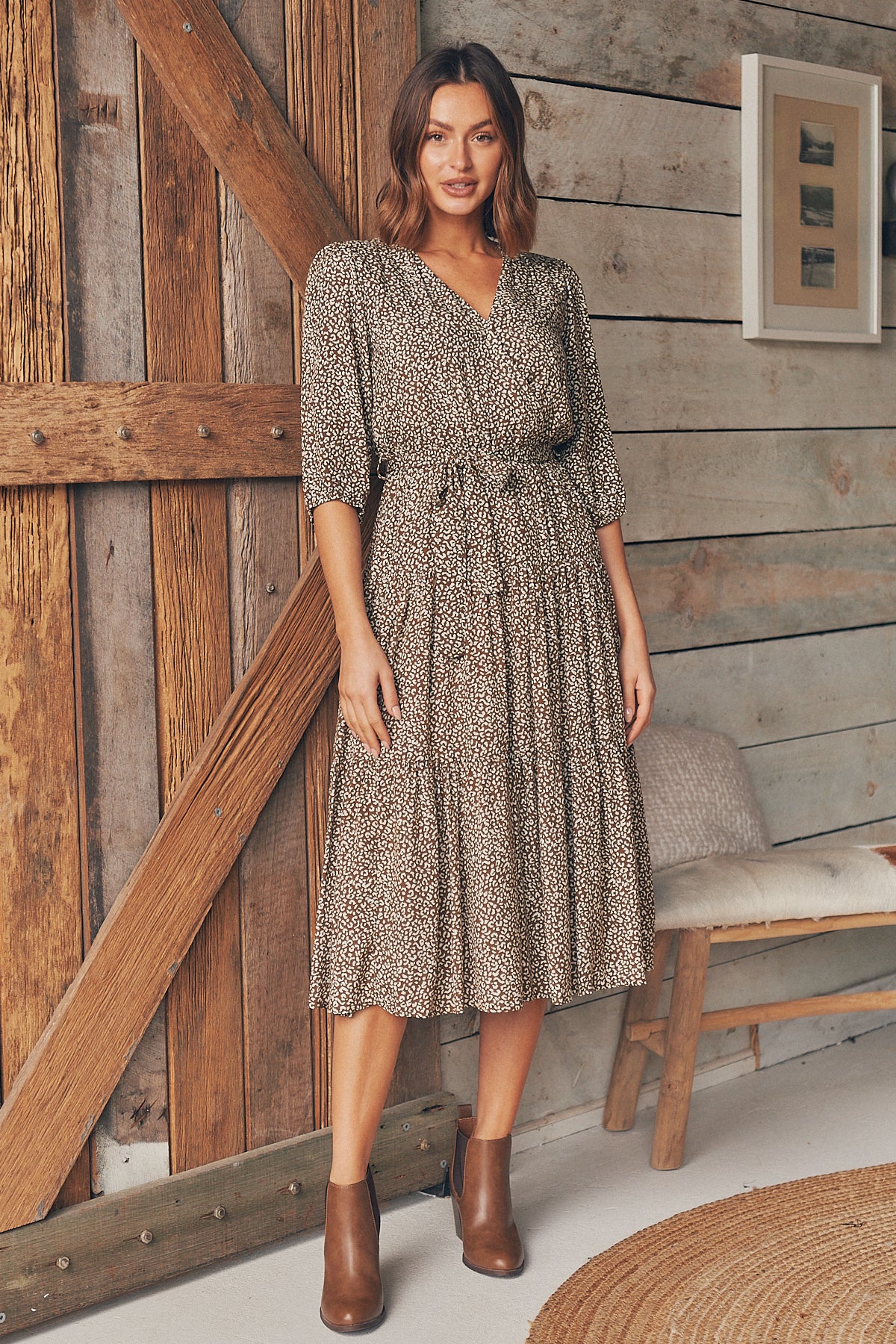 Luciana 1/2 Sleeve Coffee Print Tiered Dress