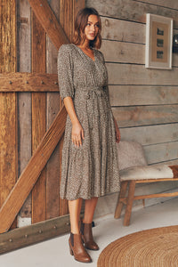 Luciana 1/2 Sleeve Coffee Print Tiered Dress