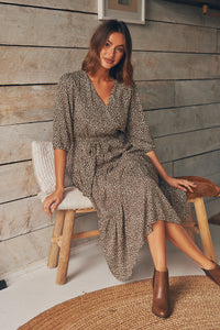 Luciana 1/2 Sleeve Coffee Print Tiered Dress