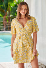 Load image into Gallery viewer, Callie Yellow Floral Short Sleeve Tie Waist Dress