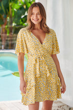 Load image into Gallery viewer, Callie Yellow Floral Short Sleeve Tie Waist Dress