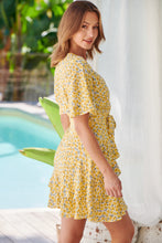 Load image into Gallery viewer, Callie Yellow Floral Short Sleeve Tie Waist Dress