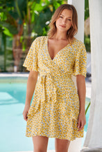 Load image into Gallery viewer, Callie Yellow Floral Short Sleeve Tie Waist Dress