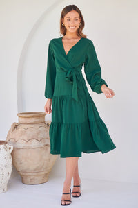 Keesha Emerald Cross Over Side Long Sleeve Tie Maxi Dress