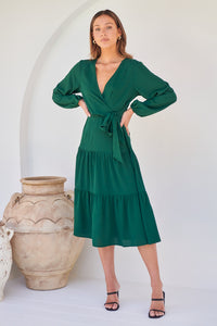 Keesha Emerald Cross Over Side Long Sleeve Tie Maxi Dress