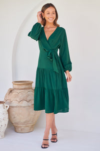 Keesha Emerald Cross Over Side Long Sleeve Tie Maxi Dress
