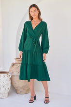 Load image into Gallery viewer, Keesha Emerald Cross Over Side Long Sleeve Tie Maxi Dress