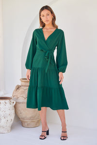 Keesha Emerald Cross Over Side Long Sleeve Tie Maxi Dress