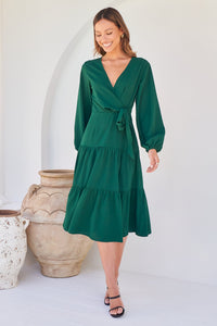 Keesha Emerald Cross Over Side Long Sleeve Tie Maxi Dress
