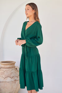 Keesha Emerald Cross Over Side Long Sleeve Tie Maxi Dress