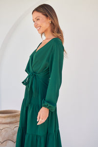 Keesha Emerald Cross Over Side Long Sleeve Tie Maxi Dress