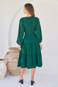 Keesha Emerald Cross Over Side Long Sleeve Tie Maxi Dress