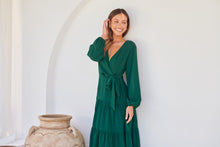 Load image into Gallery viewer, Keesha Emerald Cross Over Side Long Sleeve Tie Maxi Dress