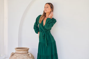 Keesha Emerald Cross Over Side Long Sleeve Tie Maxi Dress
